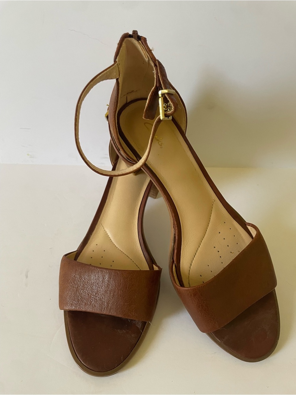 Women’s Clarks Brown Leather Ankle Strap Open Toe Block Heel Sandals Size 7